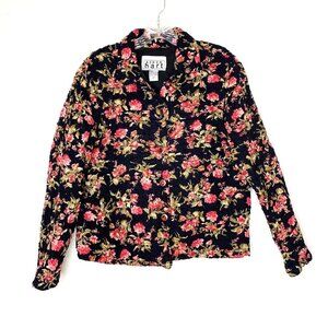 Vintage Keren Hart Women's Denim Quilted Floral Button Up Jacket Size Med
